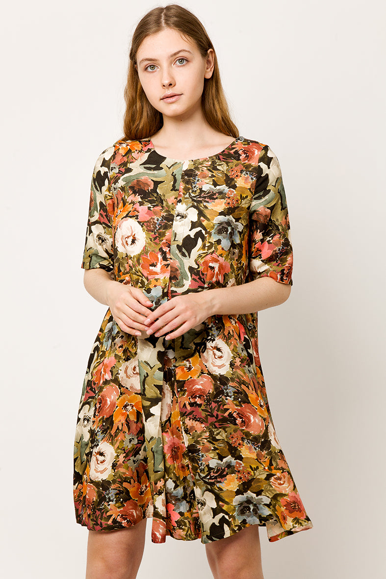 Colorful A line flower Dress with pleat