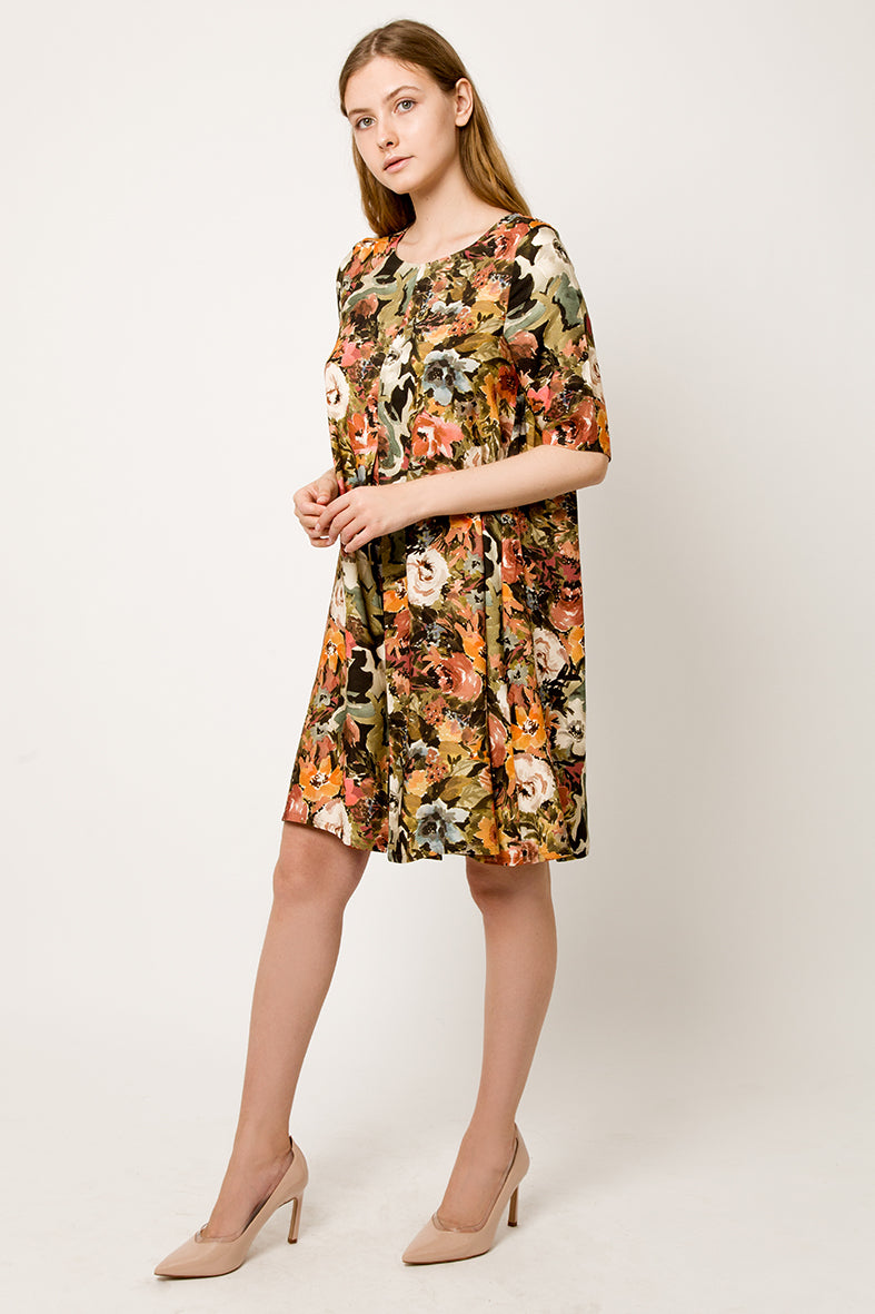 Colorful A line flower Dress with pleat - side view