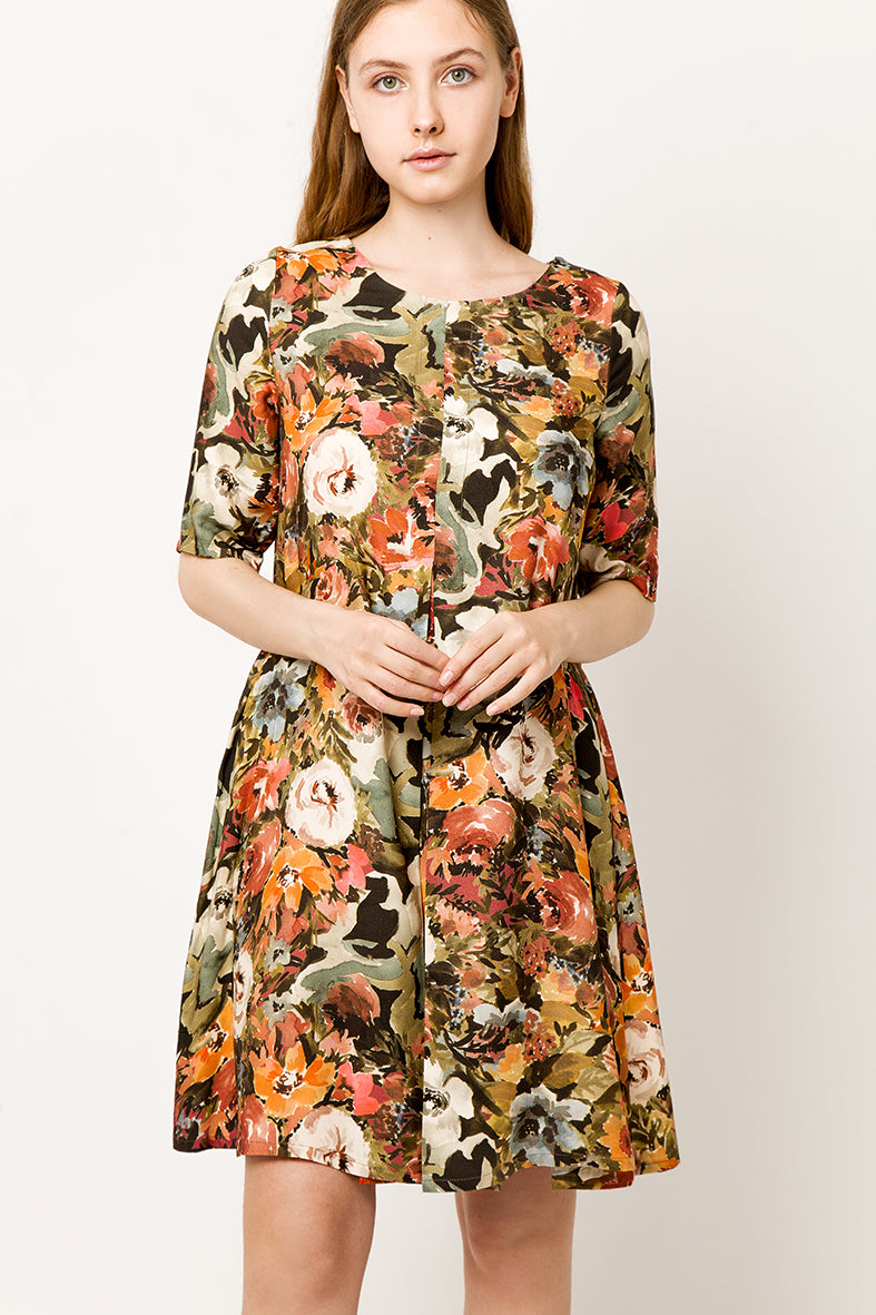 Colorful A line flower Dress with pleat