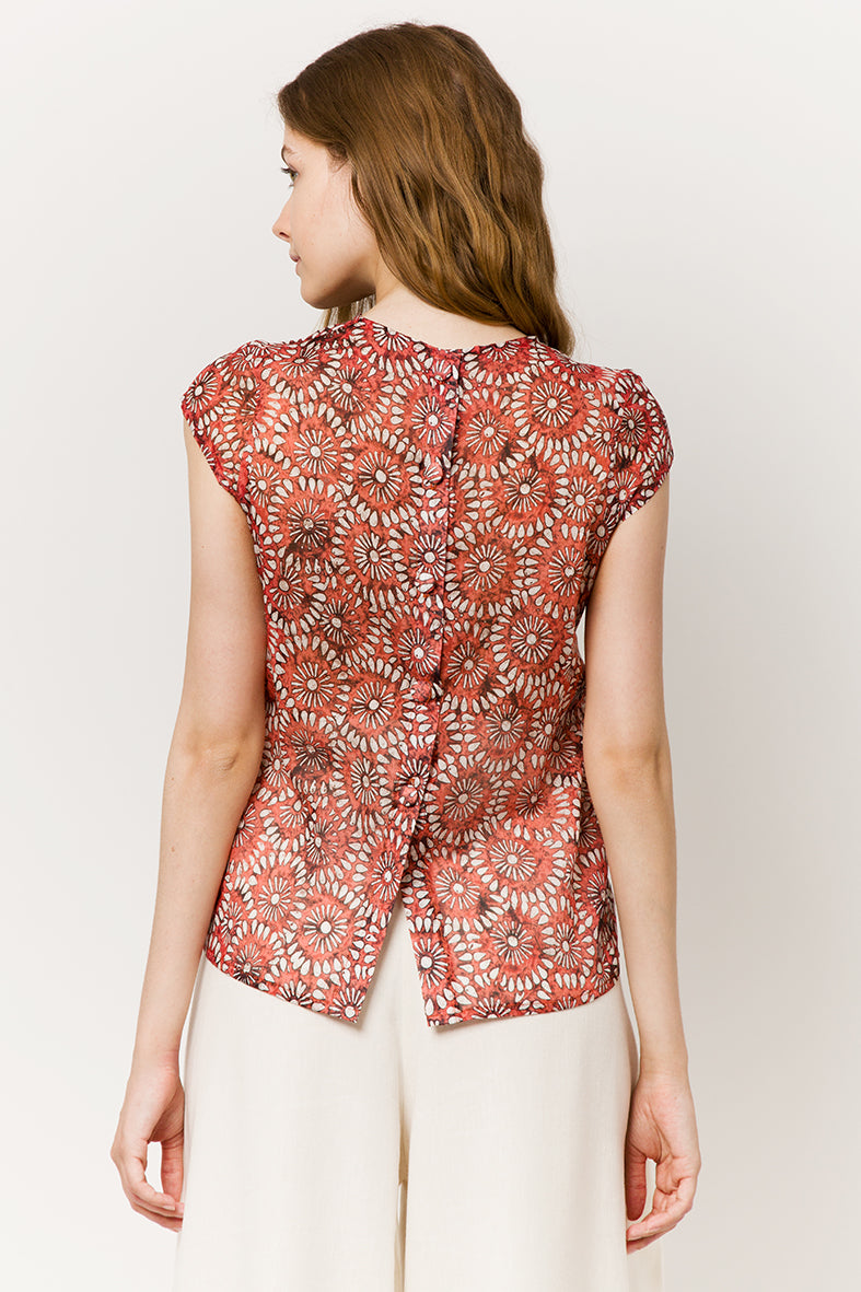 Model in red light cotton top with flowers - back