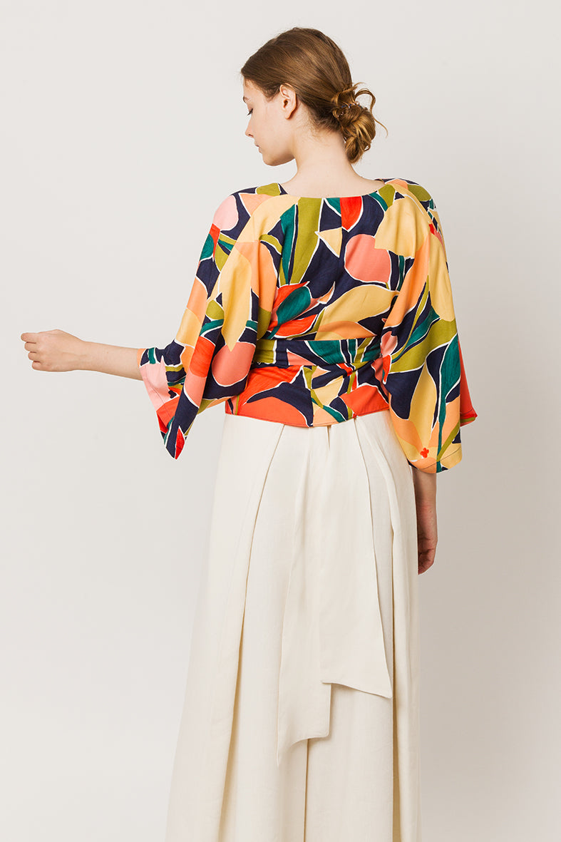 Model in colorful wrapover kimono top - back look