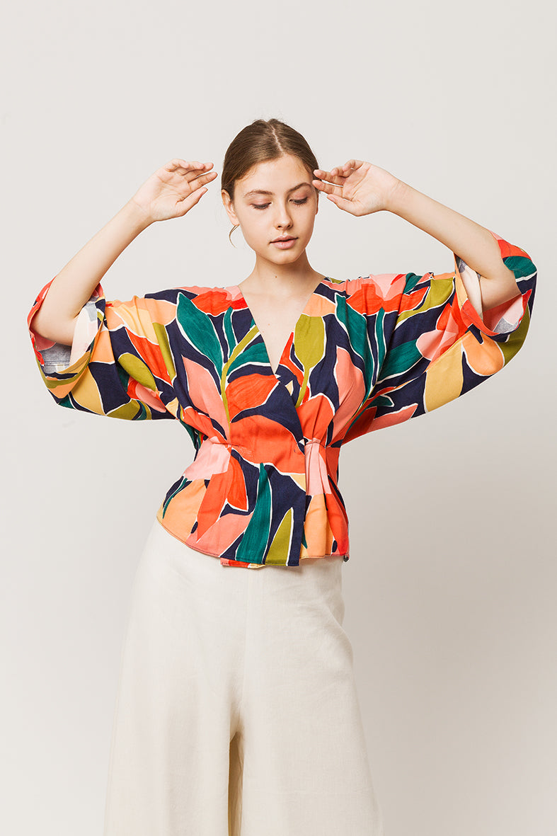 Colorful wrapover kimono top