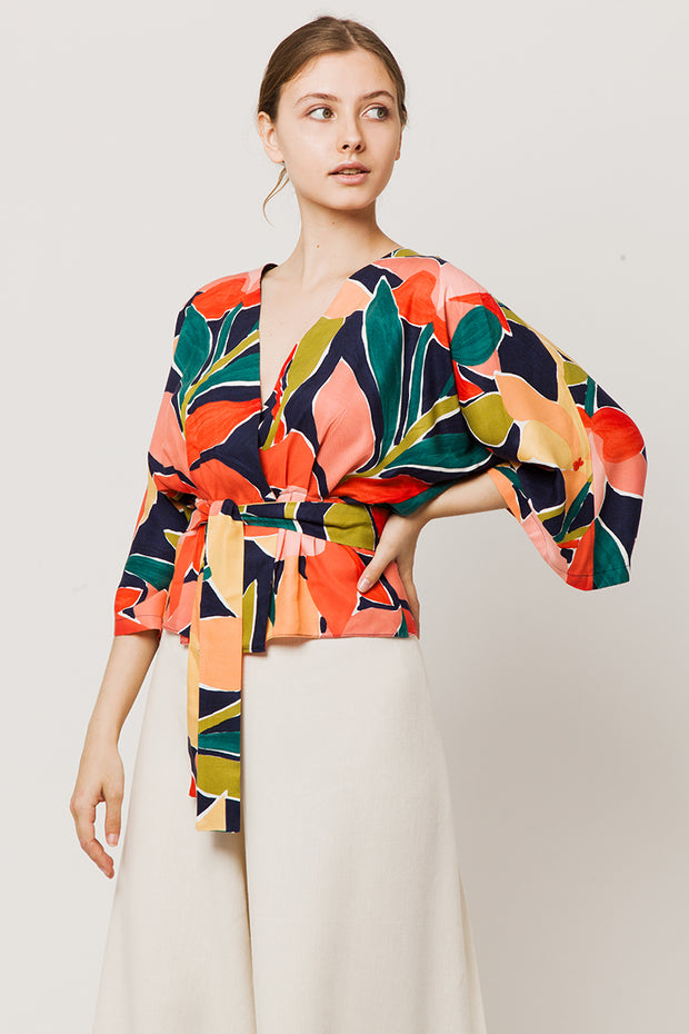 Colorful wrapover kimono top with a belt - side look